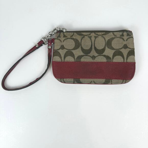 Coach Small Wristlet Signature Logo Tan Red Canvas Wrist Wallet Zipper - Picture 7 of 8